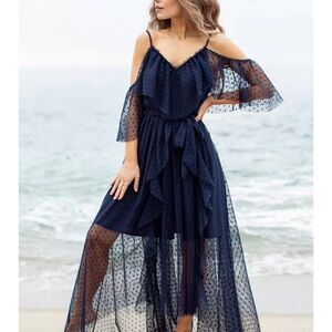 Elegant Navy Blue Polka Dot Women's Dress